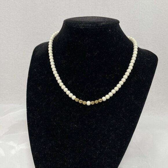Vintage Monet Women Necklace Choker 14” Short Small White Bead Gold Two Tone - Picture 1 of 10